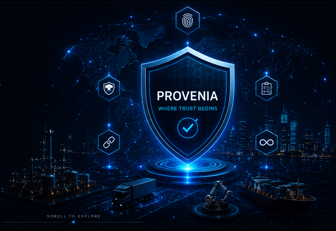Futuristic visualization of the Provenia trust layer across connected industrial and digital environments