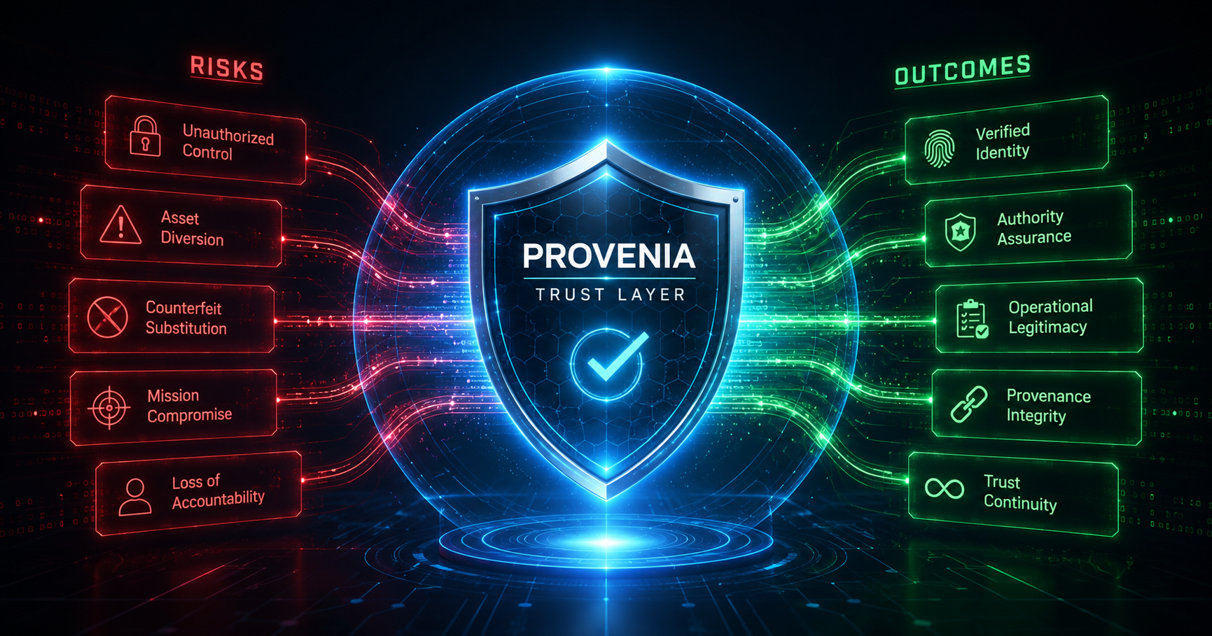 Provenia Trust Layer diagram showing risks flowing through the Provenia trust layer to trusted outcomes.